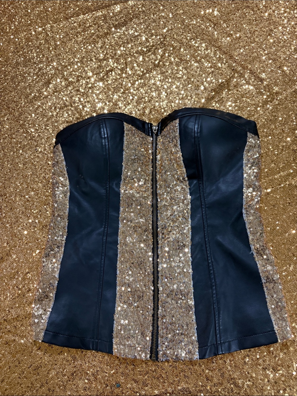 Black Sequin-Panel Strapless Corset Top